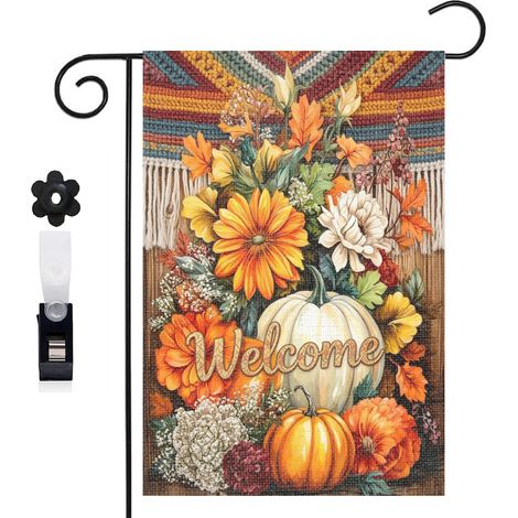 Drapeau vertical blé et fleurs d'automne 30 x 45 cm décoration jardin d'automne (1/5)