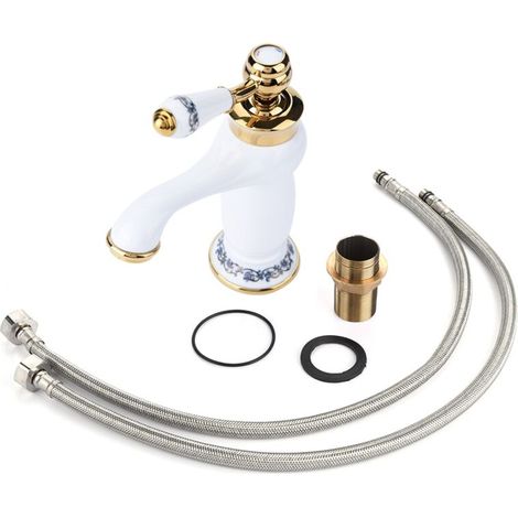 Robinet mitigeur à poignée unique à motif Floral, robinet d'eau froide/chaude pour lavabo de salle de bains (blanc) (1/4)
