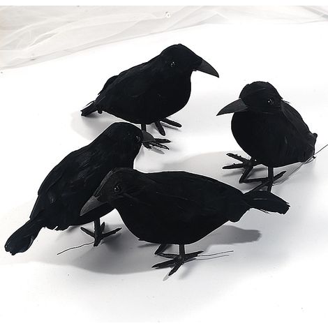 Quatre corbeaux noirs plus vrais que nature sur le thème d'Halloween – petites statues décoratives, corbeaux en plumes faits main (1/5)