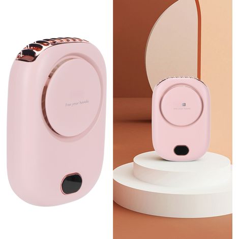 Mini ventilador eléctrico portátil, recargable por USB, sin aspas, para colgar alrededor del cuello, ideal para deportes al aire libre y viajes (rosa). (1/5)