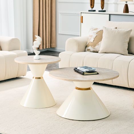 Ensemble de 2 tables basses gigognes, plateau en mélamine imitation travertin, pied conique en métal blanc crème avec détails dorés, gain de place pour le salon, la chambre et le bureau (1/3)