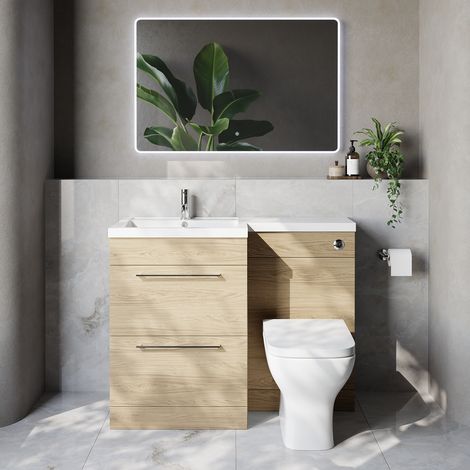 Napoli 460 Light Oak 1100mm 2 Drawer Vanity Unit Toilet Suite with Left Hand Square Lucia Basin - 1100mm - Chrome 320mm HandleWith Kingston Toilet Pan and Seat