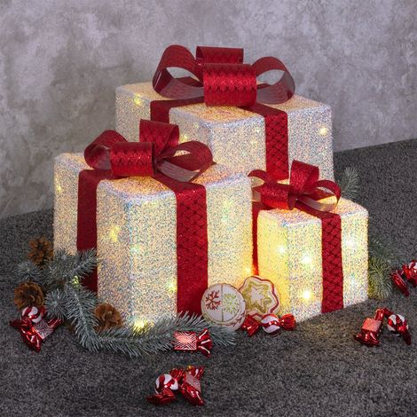 Set 3 Pacchi Regalo luminosi 3D in Tessuto Bianco Iridescente con led bianco caldo, per uso interno (1/5)