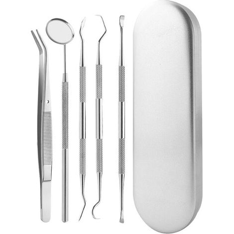 Kit Dentaire Hygiène Bouche 5pcs: Miroir, Pince à bouche, Grattoir faucille, Grattoir tartre et Burin Double Pointe -pour Utilisation Professionnel  Argent (1/5)