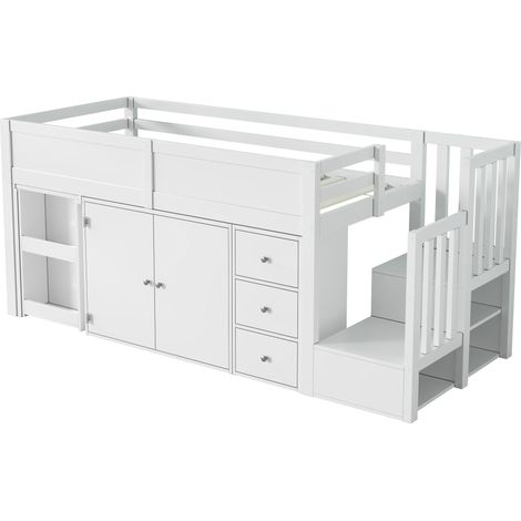 Lit mezzanine enfant multifonctionnel, avec bureau escamotable et rangement latéral, avec armoire, tiroir, escalier et armoire d’escalier, sans matelas, MDF, blanc 90200 (1/5)