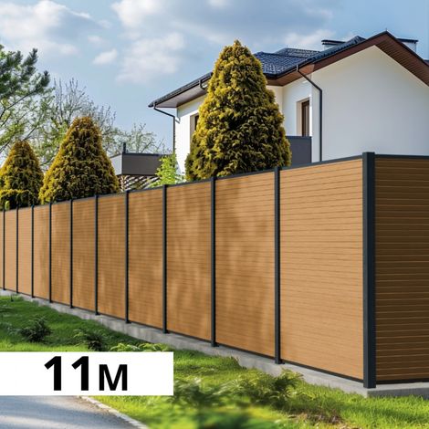 Kit Clôture Bois Composite Cèdre 11,03x1,8m SANTOS - Poteaux en Aluminium Gris - Brise Vue - Palissade