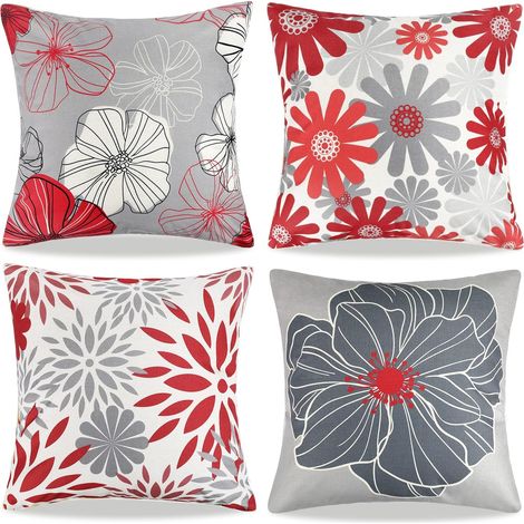 Housse de coussin de canapé 45x45 cm, motif floral abstrait rouge et gris (1/4)