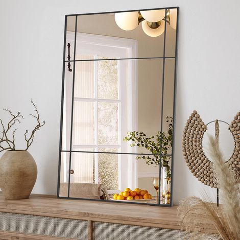 Miroir mural, noir, avec cadre en métal, 90 x 60 cm, rectangulaire, décoratif, pour chambre à coucher, salle à manger, couloir, salle de bain, à suspendre ou appuyé contre le mur (1/5)