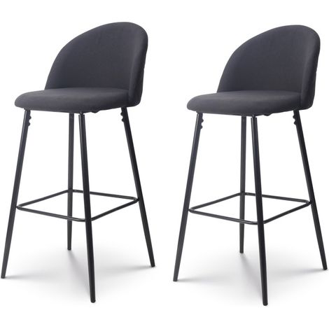 Juego de 2 taburetes de bar de diseño moderno con respaldo – Taburete alto en tela negra y patas de metal negro – Altura 76 cm