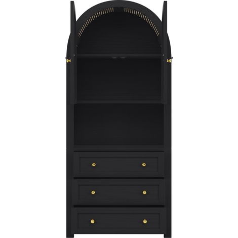 Hochschrank mit 2 Türen und 3 Schubladen, Offenes Fach, Bogen-Design, aus MDF, Schwarz, 70×35×180 cm (1/5)