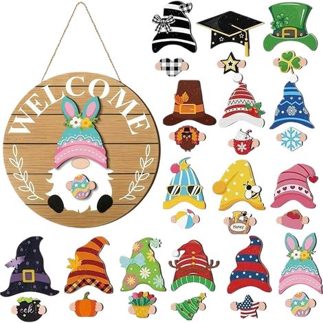Enseigne De Bienvenue Gnome Support Interchangeable Avec Pièces Aimantées  Panneau Gnome Saisonnier En Bois Pour Mur Cour Porche Cuisine Intérieur Extérieur Fête Maison De F (1/5)