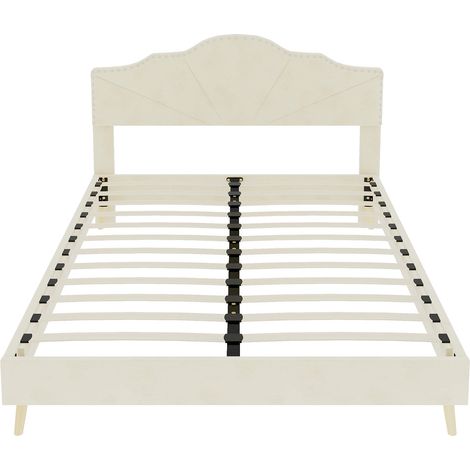 Lit rembourré beige 140x200 cm avec tête de lit géométrique HOMVRA (1/5)