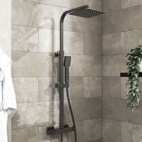 AICA ITALY Colonna Doccia con Miscelatore Termostatico, Sistema Doccia Antiscottatura, Set Doccia con Soffione a 20cm Pioggia e 6x22cm Doccetta, Altezza Regolabile 80-120 cm Nero