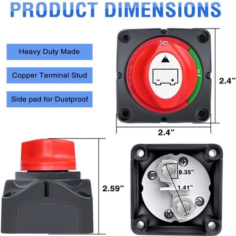 Interrupteur de batterie 12-48 V, étanche, robuste, coupe-batterie, interrupteur principal, isolateur de déconnexion pour voitures, camping-cars et bateaux (marche/arrêt) (1/4)