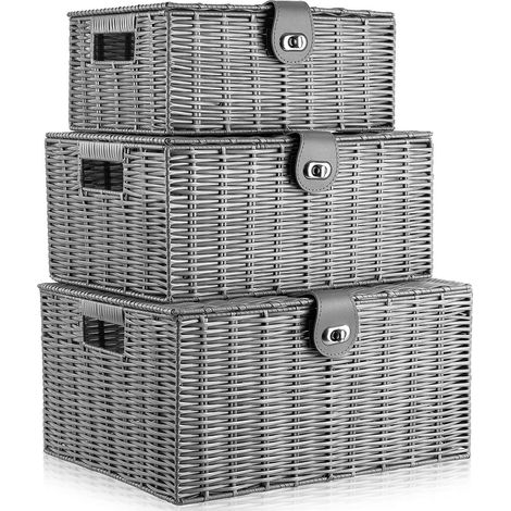 Set di 3 Cestini Portaoggetti Multiuso con Coperchio Cestino Organizzare Intrecciato per Bagno Soggiorno Grigio