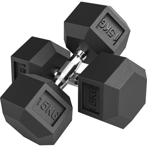 Ensemble de 2 haltères hexagonales en fonte de 15 kg avec revêtement en caoutchouc pour l'entraînement à domicile. (1/5)