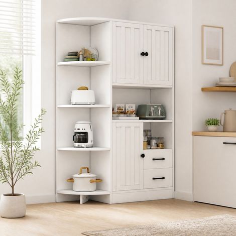 Armario esquinero de salón (104x35x155 cm), vitrina con 3 armarios y 2 cajones, estantes ajustables, blanco, tablero de partículas (1/5)