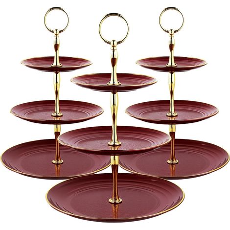 Lot de 3 présentoirs à gâteaux à 3 étages en plastique rouge pour gâteaux de mariage, cupcakes et muffins (1/5)