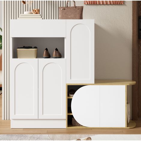 Mobiletto porta scarpe da ingresso 130x35x110,5 cm con panca, 5 ante, 1 cassetto, in MDF e legno naturale - bianco (1/5)