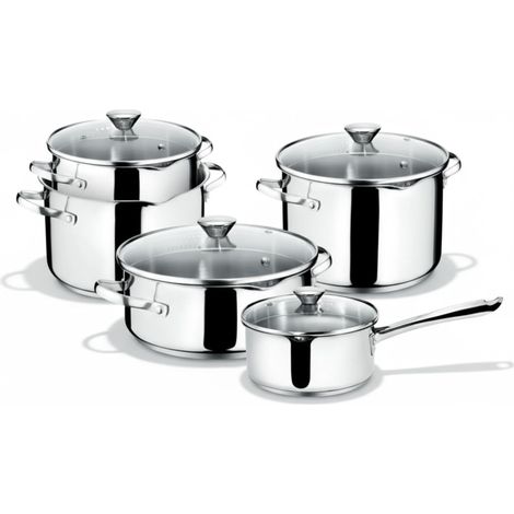 Batterie de Cuisine pour Induction, Gaz et Four en Acier Inoxydable 18/10, 9 Pièces, Fond Plus Triple Couche, avec 3 Faitouts, 1 Marmite, 1 Casserole et 4 Couvercles (1/5)