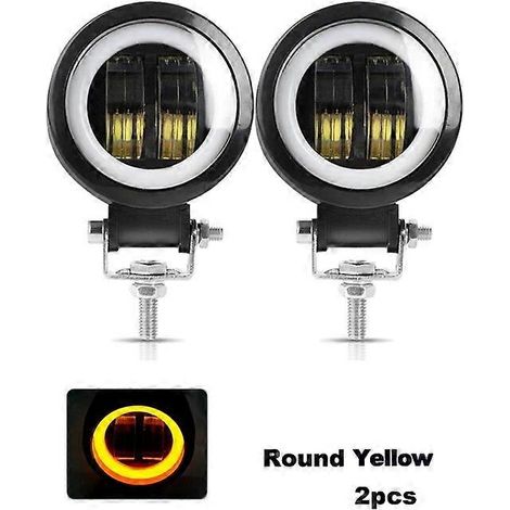 Barre LED étanche NLpearl 12V/24V tout-terrain 20W, projecteur de travail LED 6D avec anneaux lumineux LED Angel Eyes pour SUV, quad, camion, bateau, 4x4, moto (2 pièces rondes jaunes). (1/5)