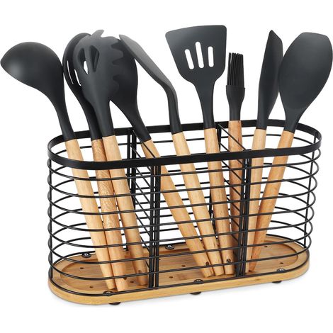 Porte-ustensiles de cuisine, porte-couverts en métal, organisation pour votre cuisine, grand bol à ustensiles en acier inoxydable noir avec base en bois, 3 compartiments pour ustensiles de (1/5)