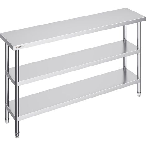 VEVOR Tavolo per La Preparazione degli Alimenti in Acciaio Inossidabile, Tavolo da Lavoro da Cucina Commerciale 356 x 1524 x 864 mm 2 Ripiani Inferiori Regolabili, per Barbecue, Cucina, Casa, Garage