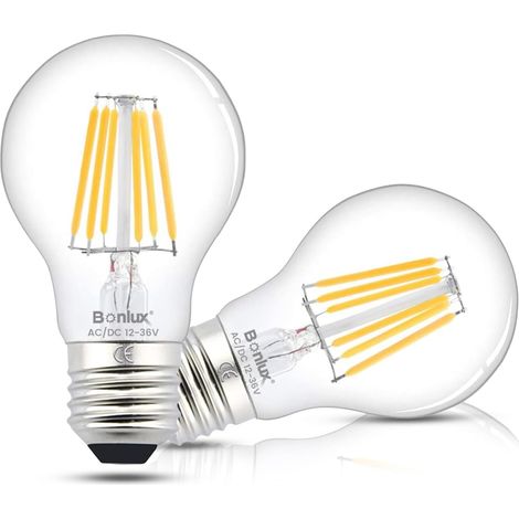 6W A60 Ampoules LED E27 AC/DC 12-24V Vis Edison LED Filament Bulb Blanc Chaud 2700K Vintage Bulb Equivalent 60W 75W Halogen 360 Degree pour RV Camper Marine Yacht Lorry (2-Pack) (1/5)