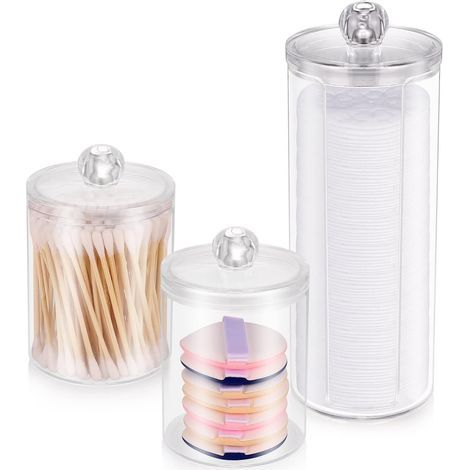 Ensemble de 3 porte-coton, 2 petits porte-cotons-tiges et 1 grand distributeur de cotons-tiges, pots de salle de bain en plastique transparent avec couvercles (1/5)