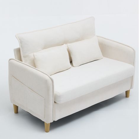 Canapé 2 places en tissu beige avec accoudoirs, poches latérales et coussins, sofa compact pour salon, bureau ou chambre, structure bois, montage facile – CHICFURN (1/5)