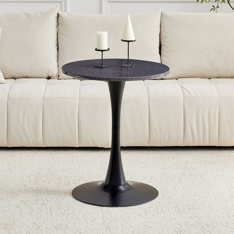 Mesa auxiliar redonda de 60 cm / mesa de comedor pequeña fabricada en MDF: tablero con tecnología de termoformado de alta calidad, aspecto de mármol negro, base de soporte negra: perfecta para espacio
