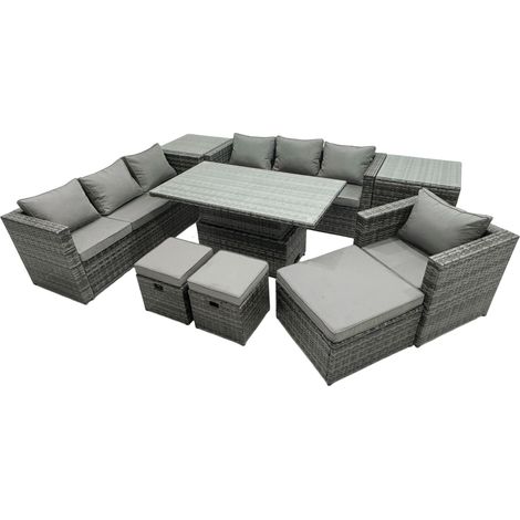 Fimous PE Rattan Garden Furniture Set Lounge Sofa Rising Dining Table Set with 2 Side Tables 3 Footstool Dark Grey Mixed (1/5)