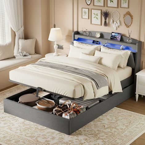 Cama con canapé 140x190 cm, con iluminación LED, función de carga USB, cabecero con espacio de almacenamiento, tejido de lino, somier de láminas - Gris