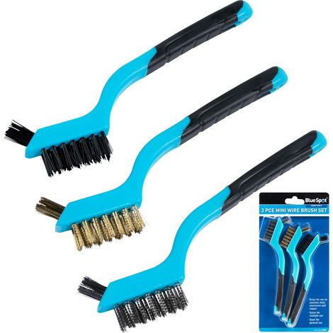 BlueSpot 3pc Soft Grip Mini Wire Brush With Small Tip Bristle Nylon Brass Steel (1/3)