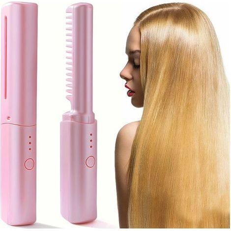 Piastra per capelli senza fili, piastra portatile per capelli, mini piastra in ceramica ricaricabile tramite USB-C con batteria da 1500 mA, rosa (1/5)