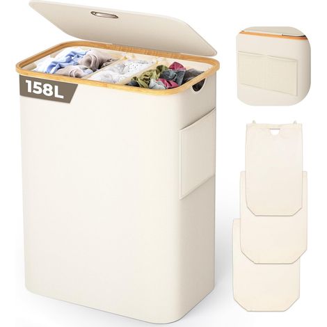 Panier à linge 3 Compartiments avec Couvercle 158L Corbeille a linge pliable en Tissu Oxford 600D avec Sac à linge amovible, Poche en filet à l'arrière Bac a linge Laundry baskets, Beige