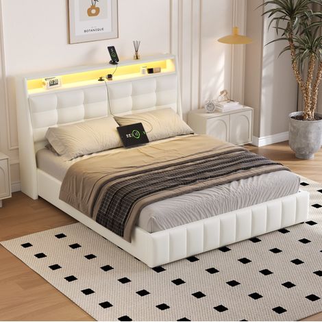 Letto imbottito moderno 160x200 cm bianco con testiera regolabile, LED laterali, USB e vano contenitore (1/5)