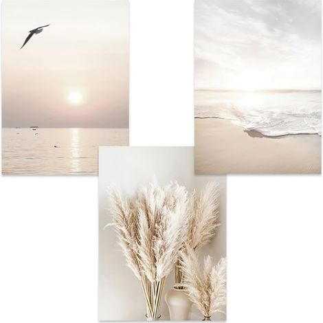 3 Tableau Decoration Murale Beige Affiche Nature Chambre 30x40 Poster Mural Pampas Mer Plage Paysage Impression sur Toile Photo Art Affiche Boho Tableau Deco Zen Salon sans Cadre (1/3)