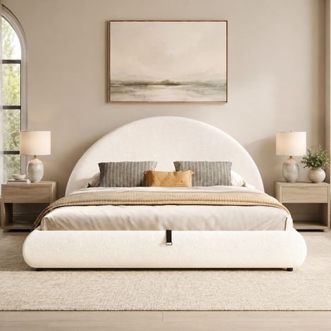 Letto matrimoniale 180x200 cm bianco in bouclé con contenitore idraulico e testiera imbottita (1/5)