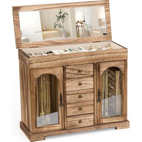 Boîte à Bijoux Femme, Rustique Grande Boite a Bijoux Bois avec Miroir, 6 couches Boite Rangement Bijoux Organisateur pour Colliers, Boucles D'oreilles, Bagues, Bracelets (Marron Rustique) (1/5)