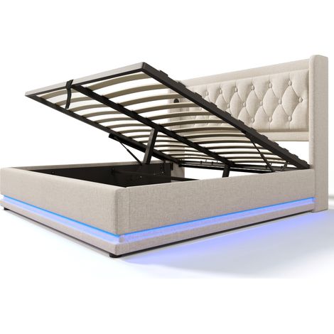 Lit double 160x200 cm avec rangement hydraulique en coton beige, LED 3 côtés et USB-C HOMVRA (1/5)