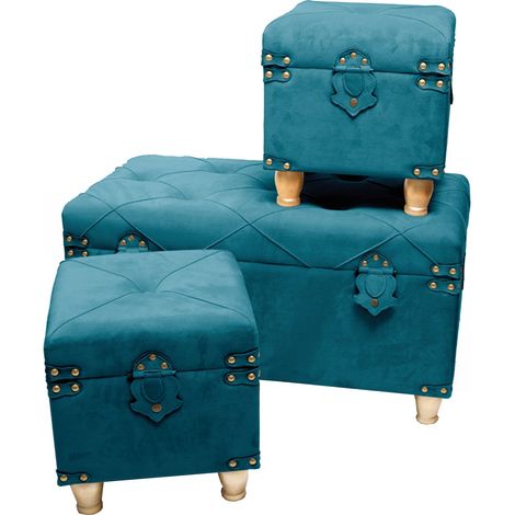 Set 3 Pouf contenitori in velluto per arredamento moderno Bauli con piedi in legno h 33 cm (1/2)