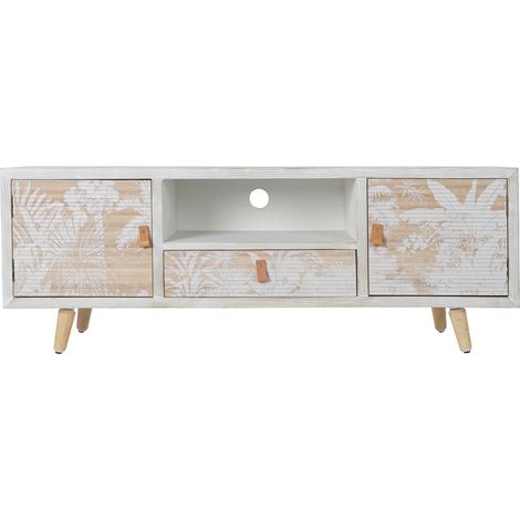 Meuble TV en bois bambou motif palmiers avec 2 portes et 1 tiroir - Largeur 140 x Hauteur 51 x Profondeur 40 cm -PEGANE- (1/4)