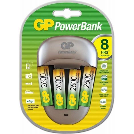 GP Carica batterie ricaribili Bank Battery Charger rapida + 4 Batterie USB