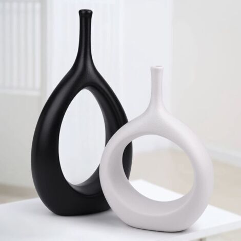 Vases 2PCS Noirs et Blancs,Vase Decoratif Moderne pour Herbe de la Pampa,Ceramique Donut Vases Vintage Decoration (1/5)