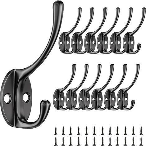 12-teiliges Wandhaken-Set, Garderobenhaken mit Schrauben, Vintage-Metall-Doppelgarderobenhaken, leichte und praktische Garderobenhaken, für Schlafzimmer, Kleiderschrank, Badezimmer (Schwarz) (1/5)