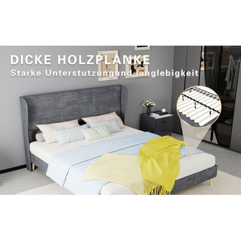 Lit rembourré minimaliste moderne avec tête de lit douce, 160x200 cm, gris, meuble de chambre multifonction, base basse (design sans rangement), matelas non inclus. (1/5)