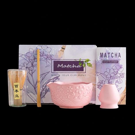Service à thé Matcha en céramique, bol à motif de fleurs de cerisier en relief, bol avec ouverture, coffret couleur de haute qualité, poudre Cherry Crisp - Service à thé Matcha 4 pièces - Coffret coul (1/5)