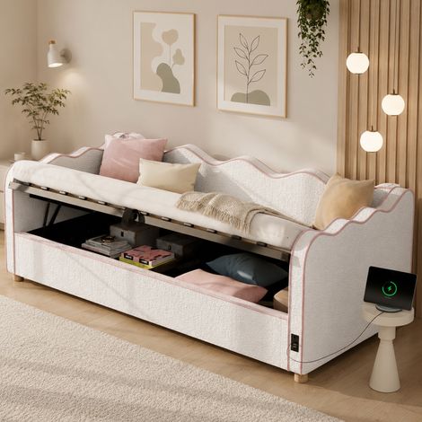 Cama nido 90x200 cm beige en bouclé con almacenaje hidráulico y puertos USB (1/5)