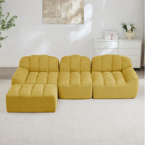 FloraGrace Canapé modulable 3 places avec ottoman, mousse 32D, tissu fleece, jaune (1/5)